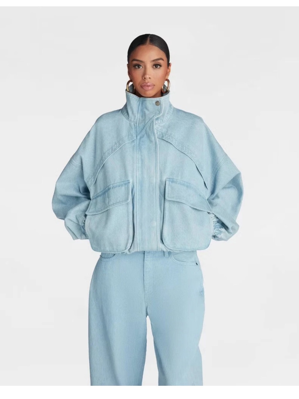Light Blue Women's Bomber Jacket - Stylish High Collar